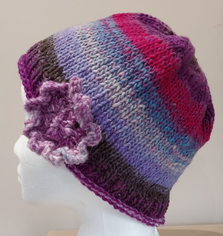 Handknit Noro single flowered Hat 100% Wool Purple Blue Magenta Small