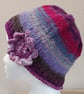 Handknit Noro single flowered Hat 100% Wool Purple Blue Magenta Small - Image 1