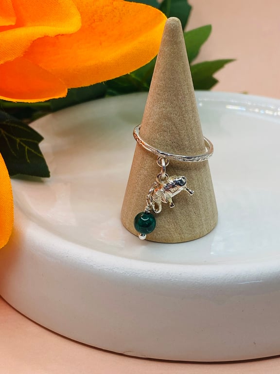 Rustic sterling silver ring with elephant charm