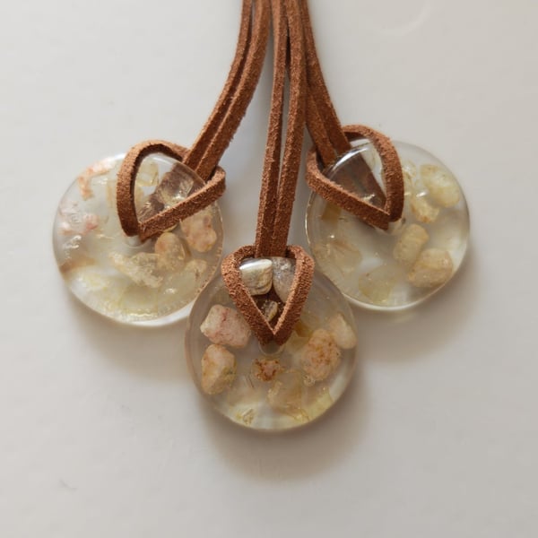 Citrine Resin Circle Necklace: Crystal Pendant On Cord- Handmade Jewelry