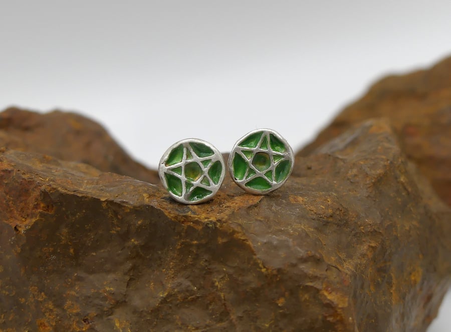 Recycled Sterling Silver Pentacle Stud Earrings with a Green Patina.