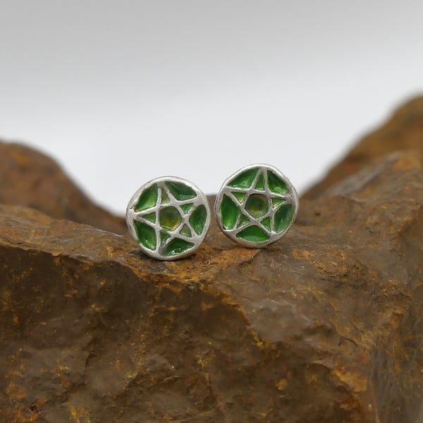 Recycled Sterling Silver Pentacle Stud Earrings with a Green Patina.