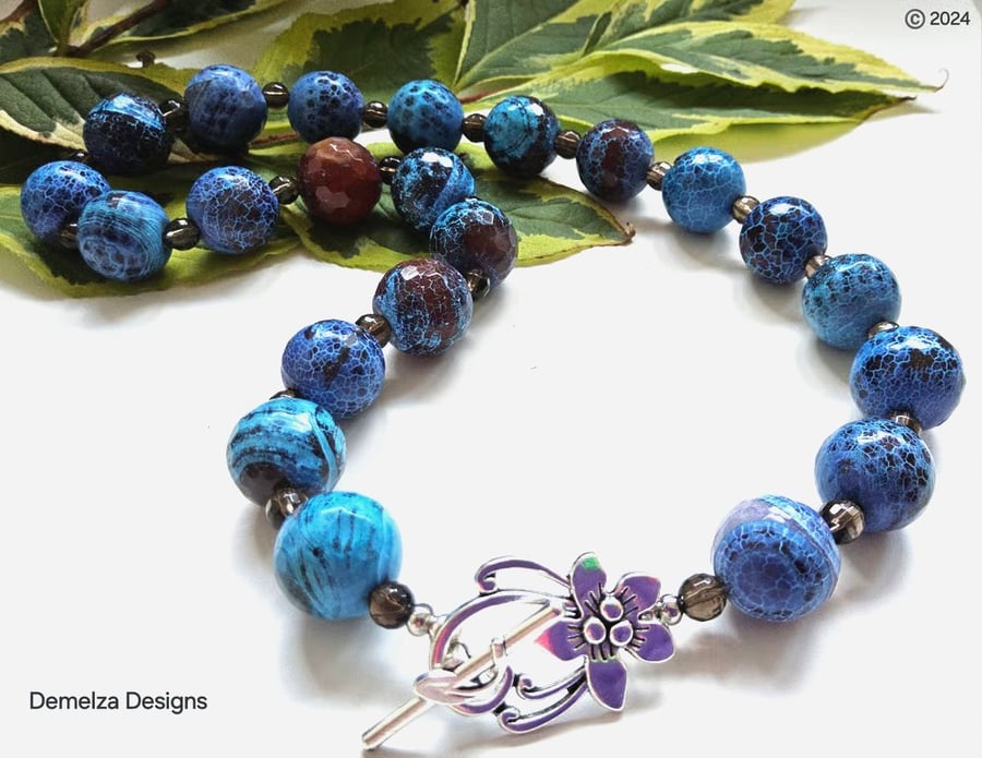 Blue Agate & Smokey Quartz Silver Plated Necklace. ONE OFF
