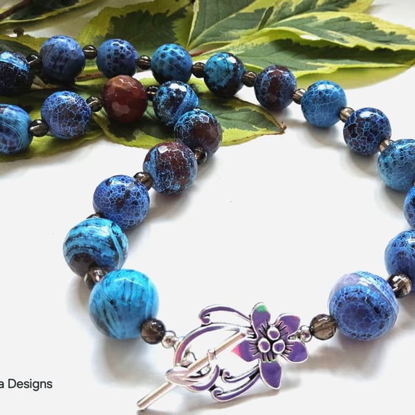 Blue Agate & Smokey Quartz Silver Plated Necklace. ONE OFF