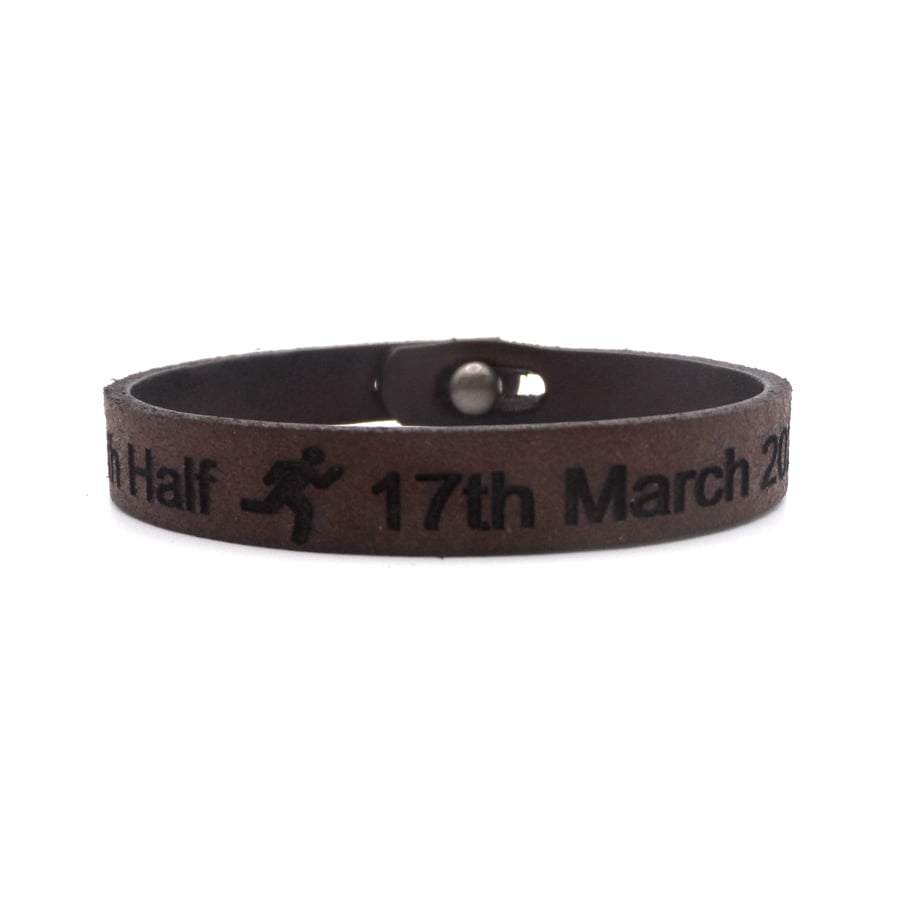 Half Marathon - Leather Bracelet - Personalised - Choice of Colours - Adjustable