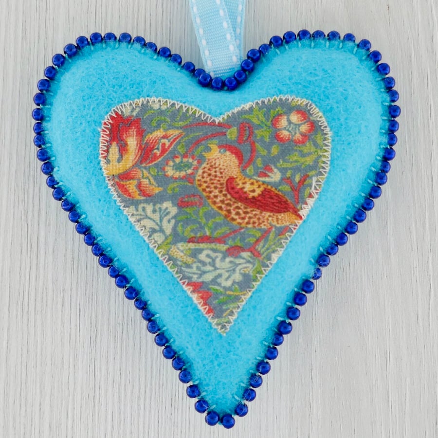 William Morris Felt Heart 4” (10cm) Mid Blue - Grey Strawberry Thief