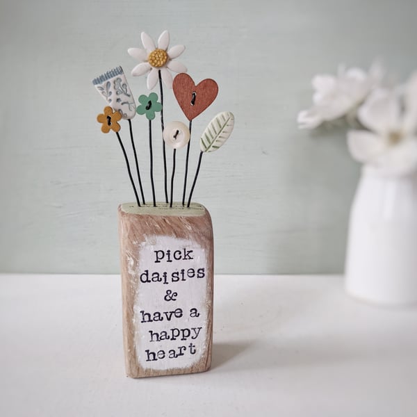 Clay Flower and Button Garden in a Wood Block 'Pick Daisies'