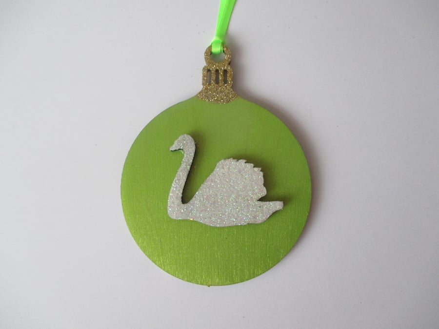 White Swan Christmas Tree Wooden Bauble Hanging Decoration Ornament Glittery