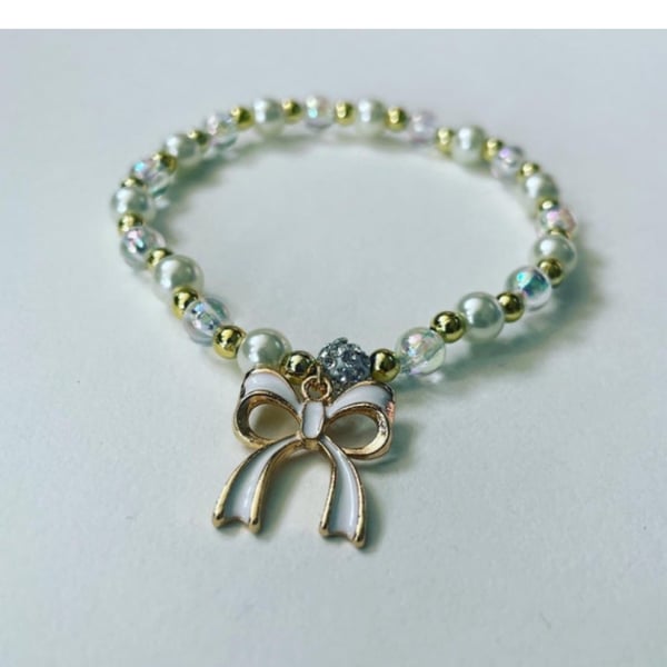 Ivory ribbon charm goldtone anklet children and adults sizes stretch beaded 