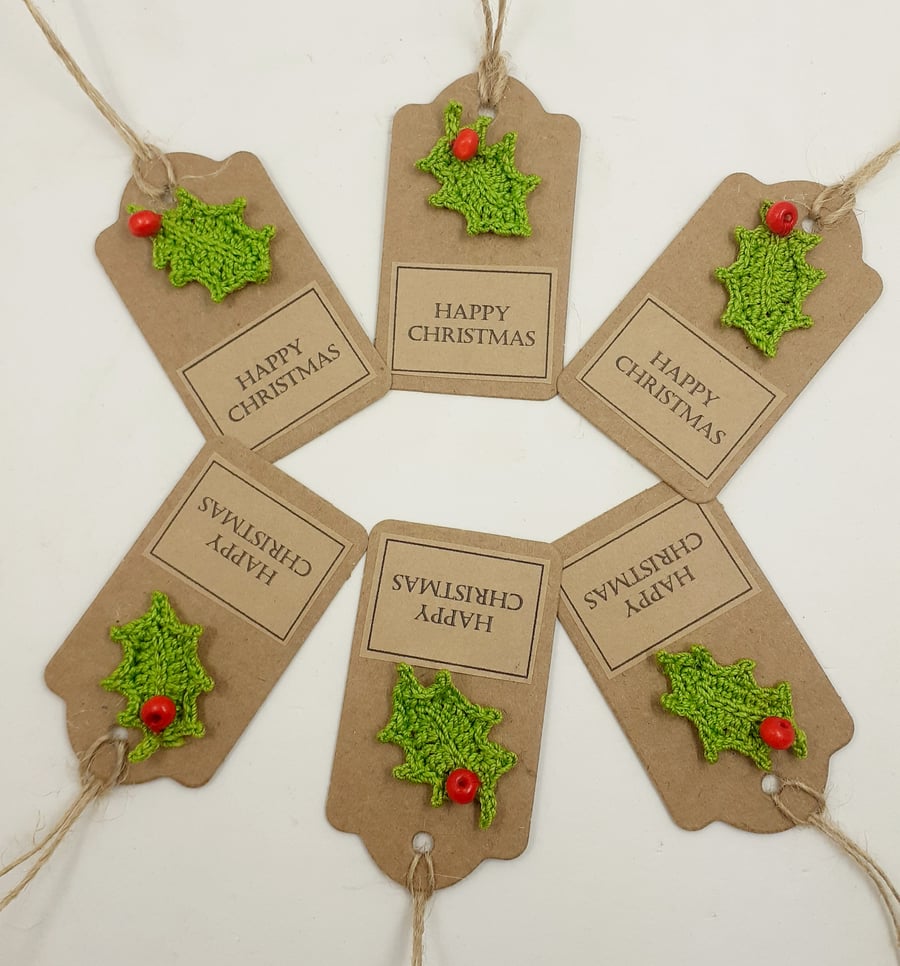 Six Crochet Holly Leaf  Gift Tags