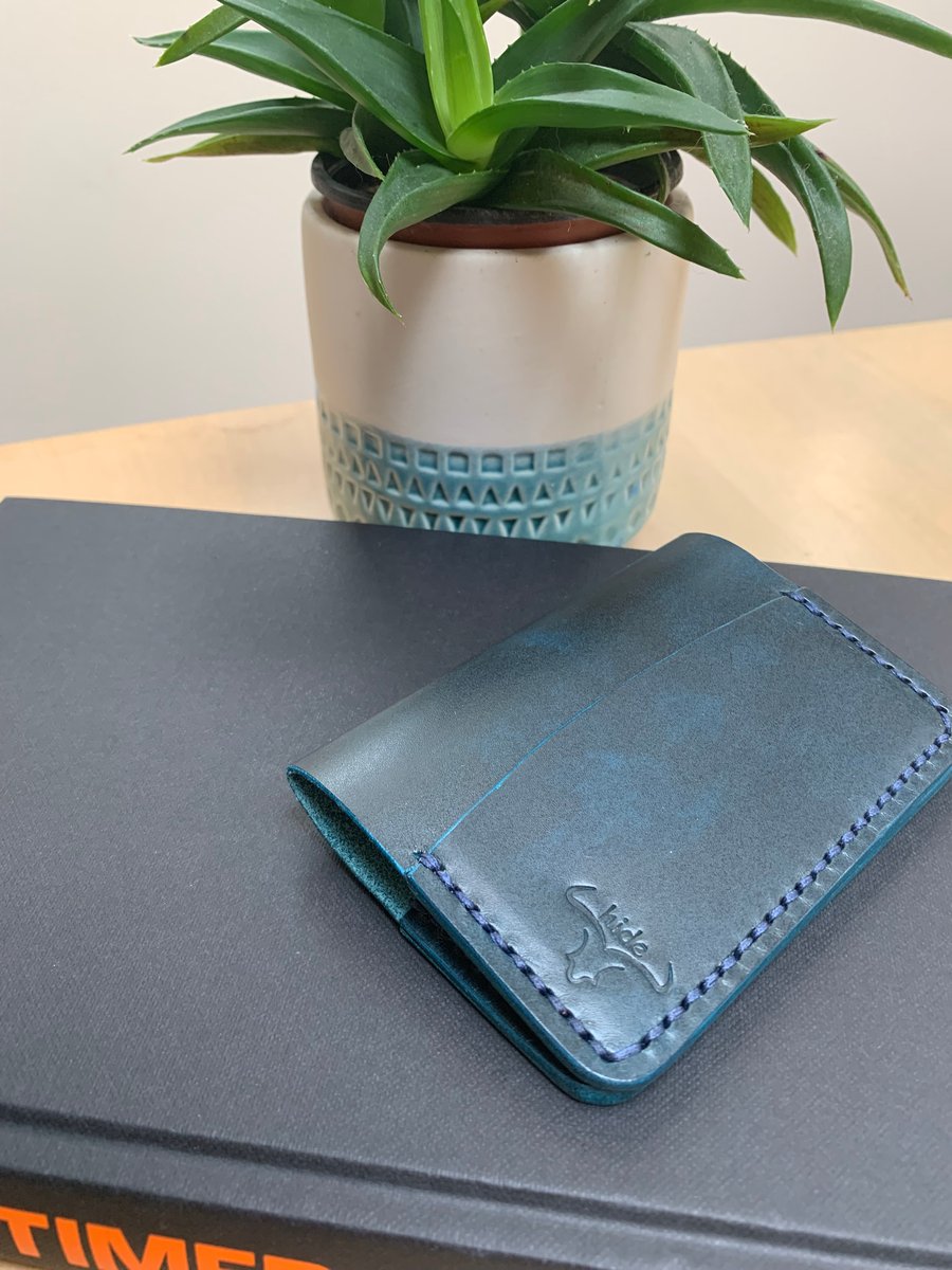 Leather wallet handmade blue bifold lightweight and slim 