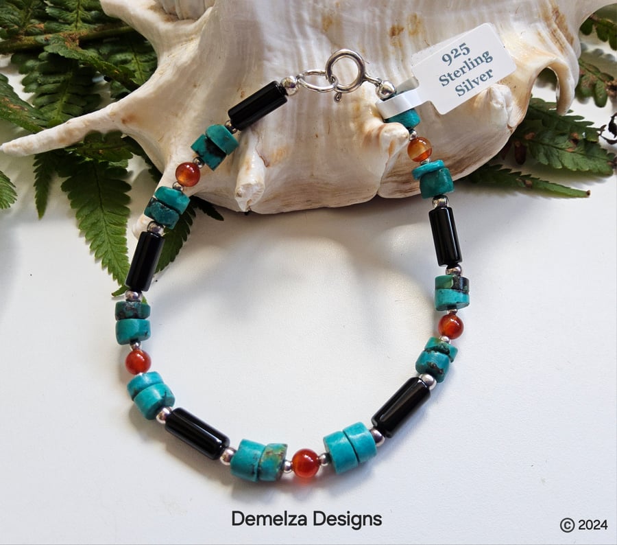  Dainty Black Onyx,  Turquoise & Carnelian Sterling Silver Bracelet