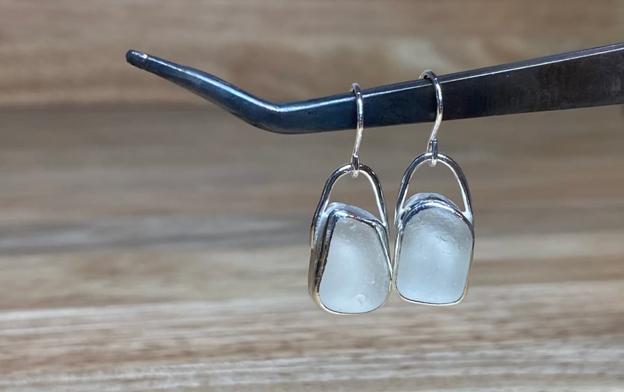 Handmade Beige-Grey Welsh Sea Glass & Silver Dangle Earrings