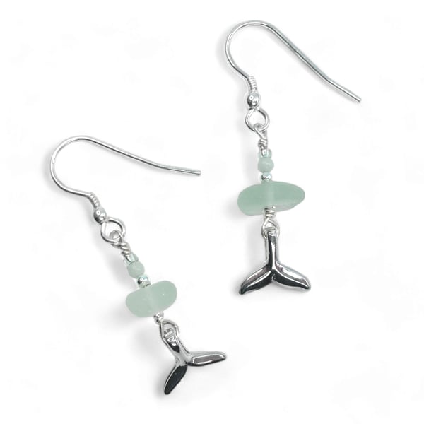 Whale Earrings. Green Sea Glass & Amazonite Crystal Beads. Silver Jewellery