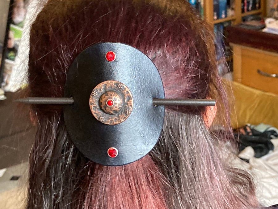 Dyed Black Leather Hair Stick Barrette - Bronze Shield - Red Gemstones