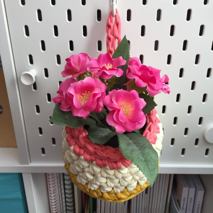 Small crochet hanging basket, pegboard basket - yellow and pink