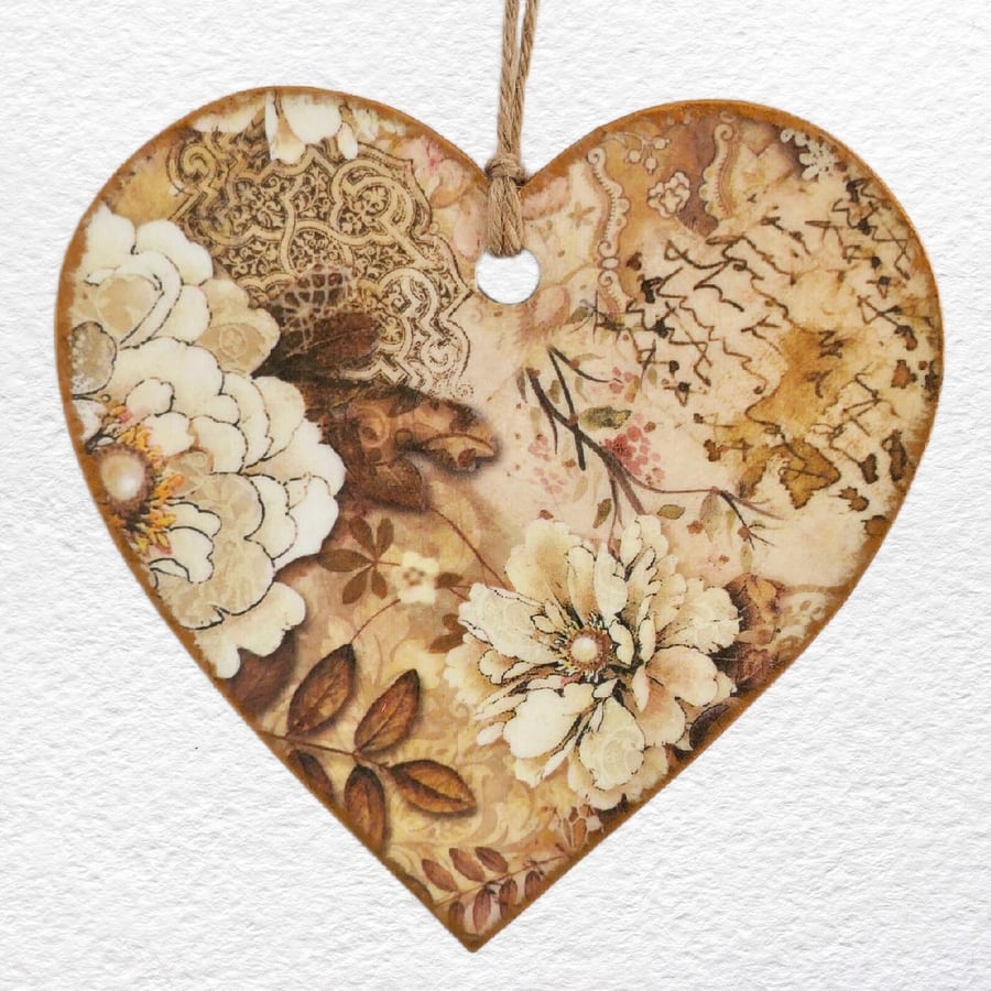 Decoupaged Wooden Hanging Heart 15cm (6"): Beige Flowers design