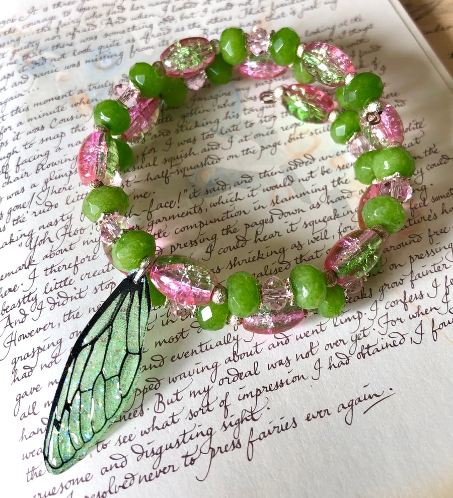 Jade Beaded Fairy Wing Pink and Green Wrap Bracelet