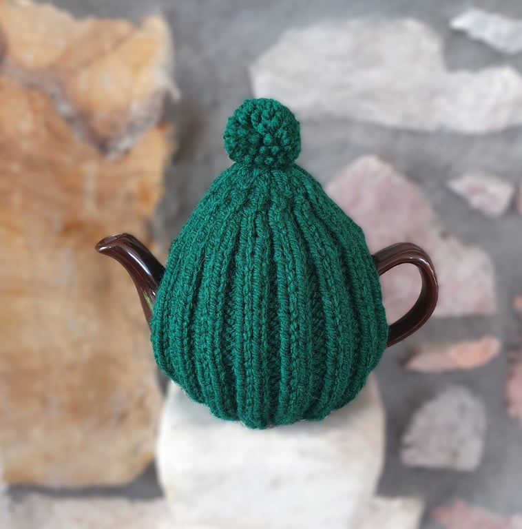 Small Tea Cosy for 2 Cup Tea Pot, Bottle Green, Hand Knitted