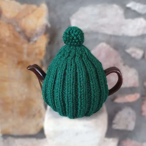 Small Tea Cosy for 2 Cup Tea Pot, Bottle Green, Hand Knitted