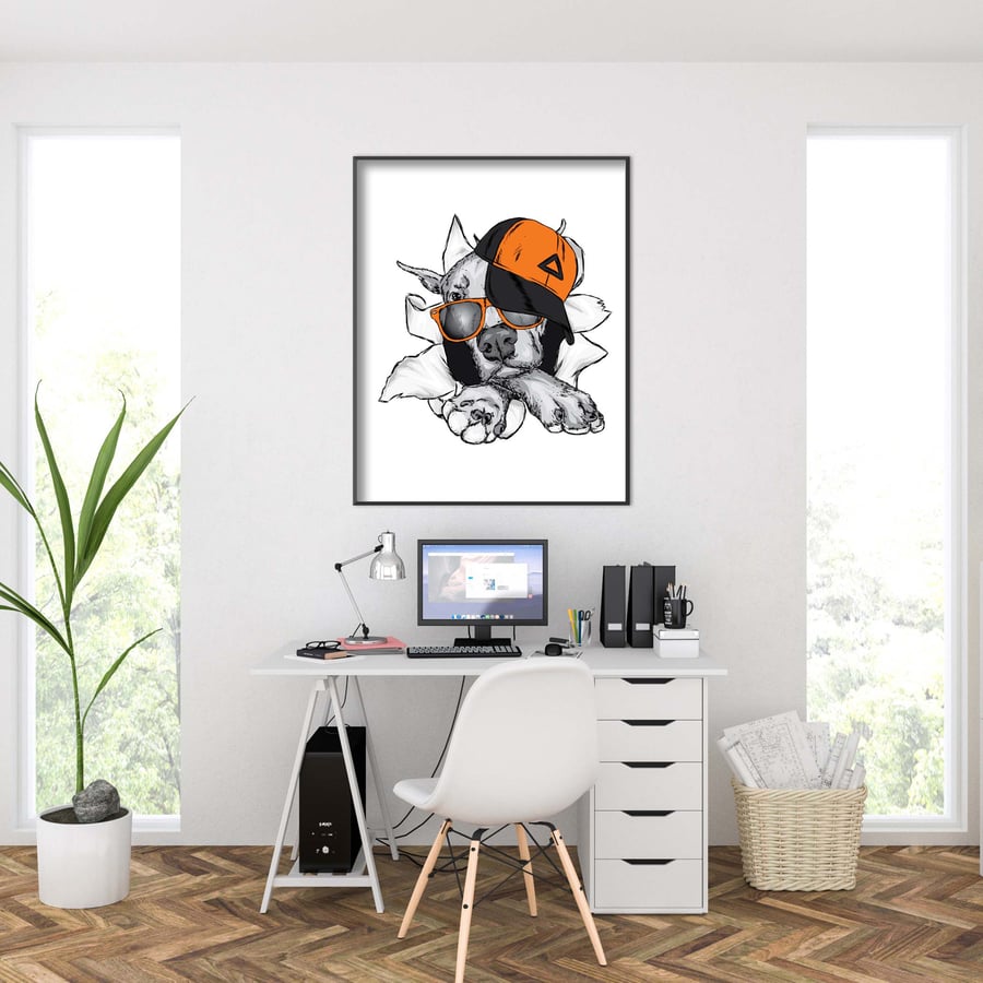 Pitbull print, pitbull poster, cool pitbull in a cap, gift for pitbull lovers