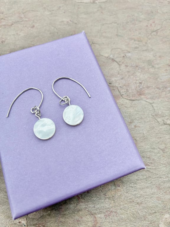 Round Disc Mother of Pearl and Sterling Silver Earrings