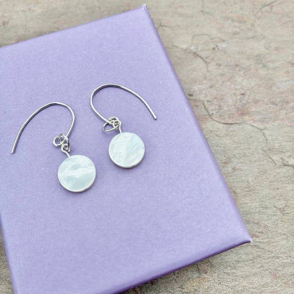 Round Disc Mother of Pearl and Sterling Silver Earrings
