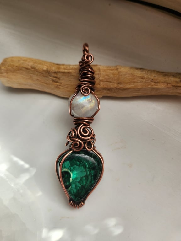 Malachite and Moonstone copper wire wrap pendant 