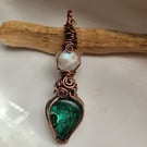 Malachite and Moonstone copper wire wrap pendant 