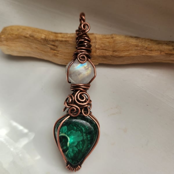 Malachite and Moonstone copper wire wrap pendant 