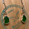 Emerald Green Sea Glass  and Sterling Silver Drop Earrings - 1105