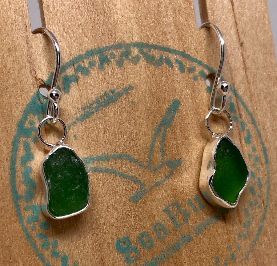 Emerald Green Sea Glass  and Sterling Silver Drop Earrings - 1105