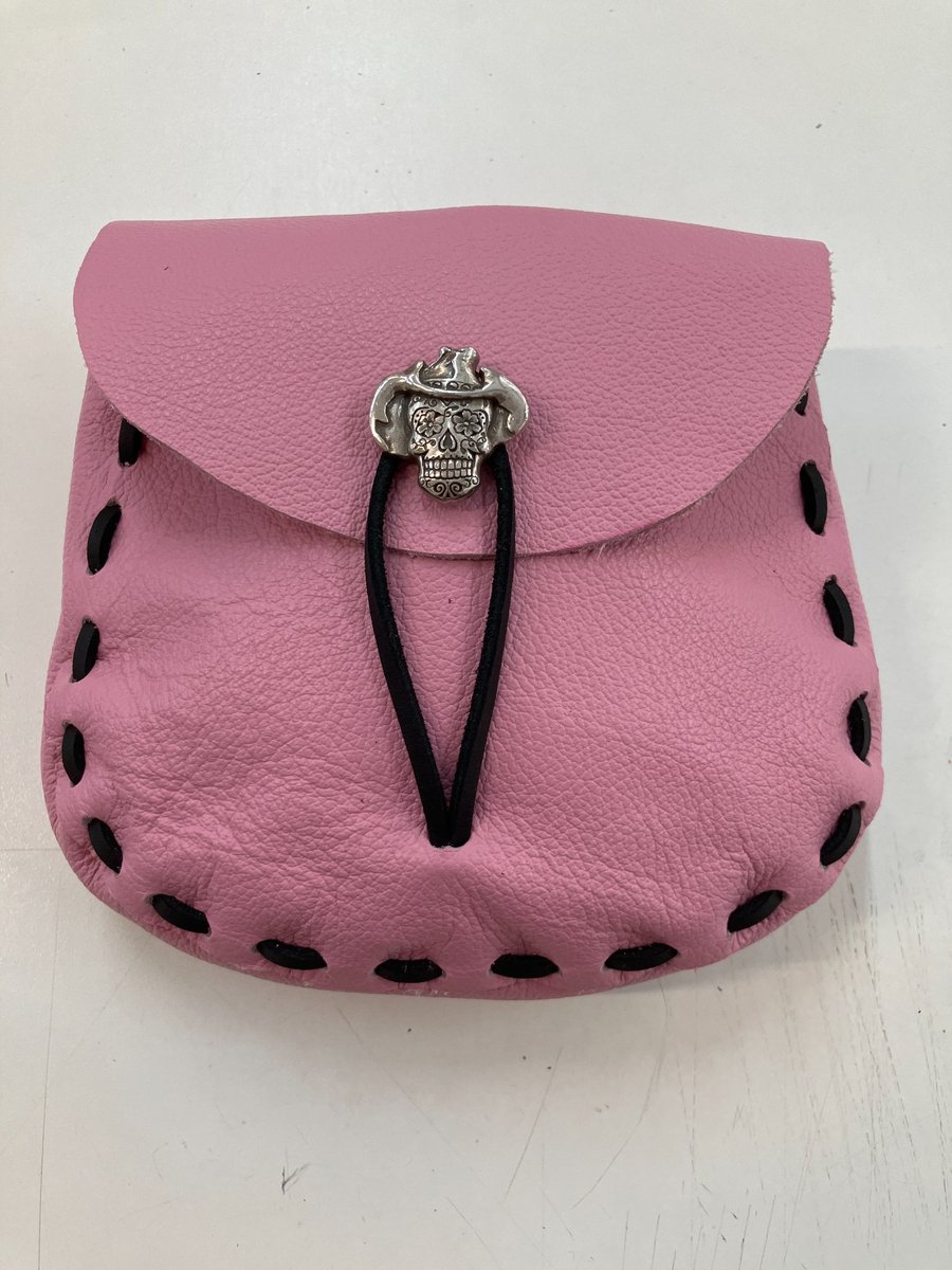 Bubblegum Pink Medieval Style Leather Pouch with Skull closure - FREE SHIPPING