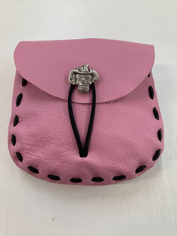 Bubblegum Pink Medieval Style Leather Pouch with Skull closure - FREE SHIPPING