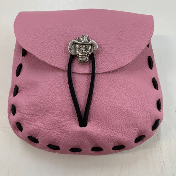 Bubblegum Pink Medieval Style Leather Pouch with Skull closure - FREE SHIPPING