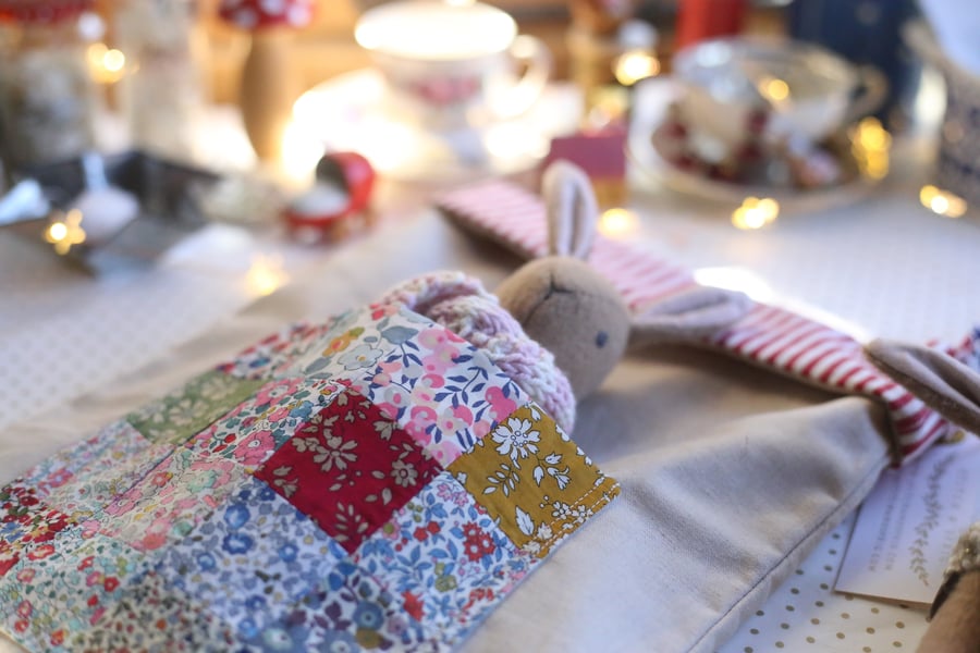 Heirloom Christmas Stocking with Liberty patchwork pocket & baby bunny