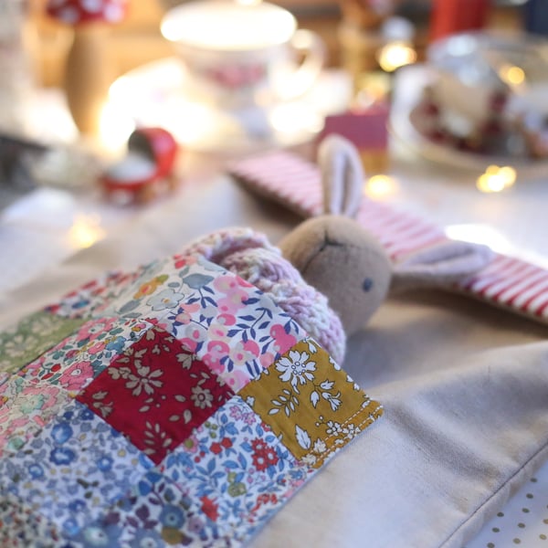 Heirloom Christmas Stocking with Liberty patchwork pocket & baby bunny