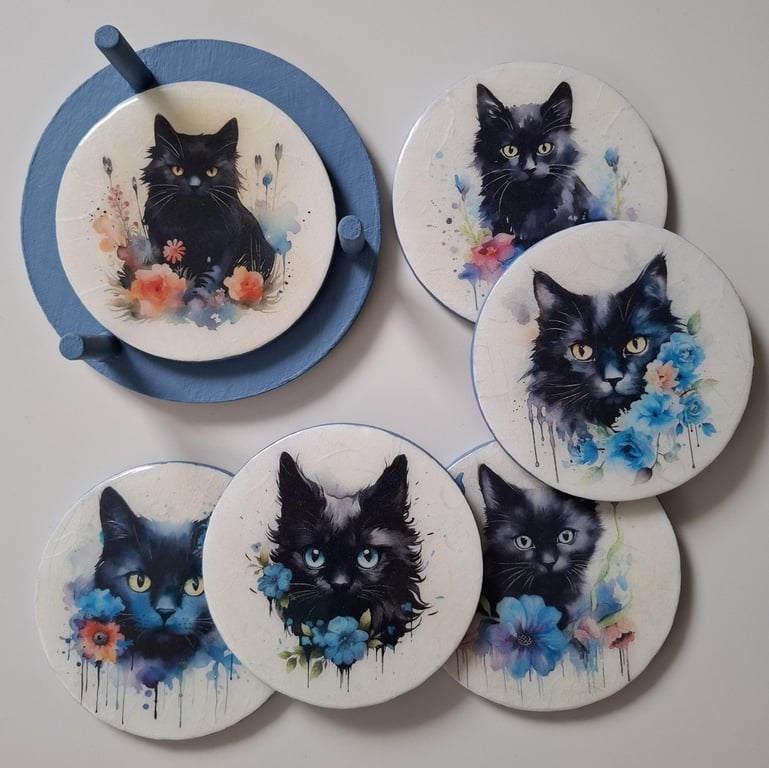 Set of 6 Black Cat Coasters, Decoupaged Wooden Drink Mats