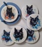Set of 6 Black Cat Coasters, Decoupaged Wooden Drink Mats