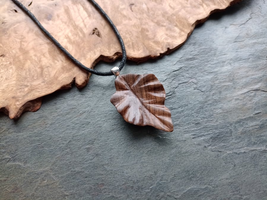 Hand Carved Walnut wood leaf pendant