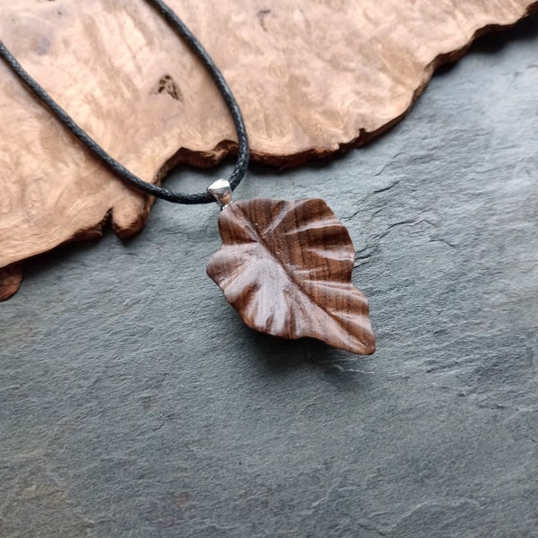 Hand Carved Walnut wood leaf pendant