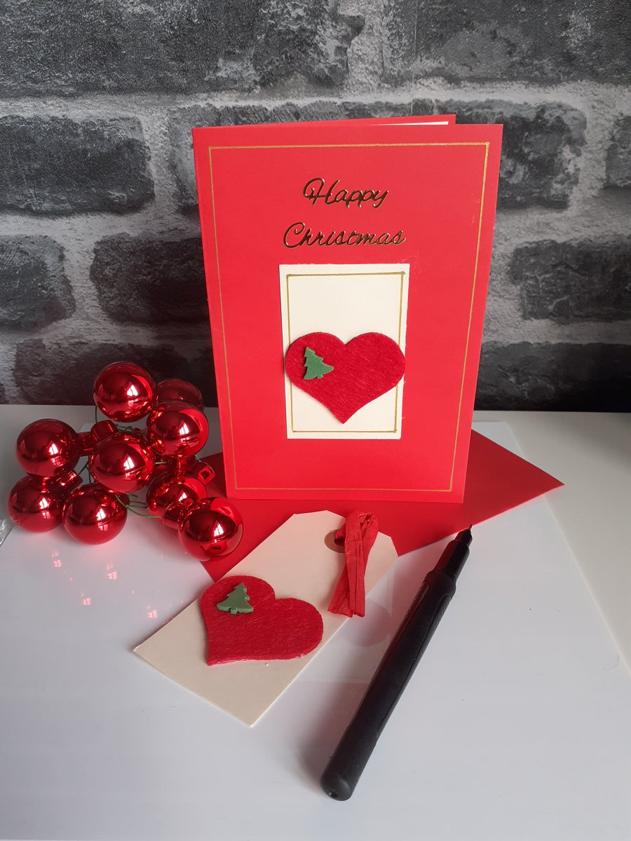 Romantic Christmas card and gift tag, heart Christmas card and gift tag
