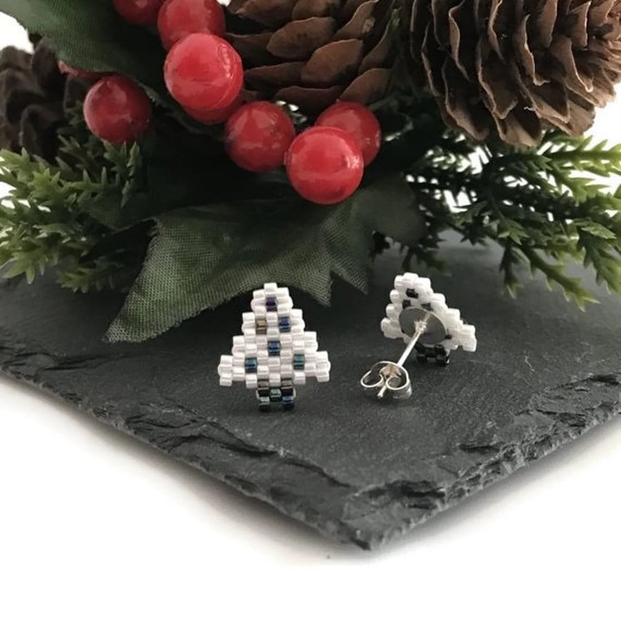Gunmetal & White Christmas Tree Stud Earrings