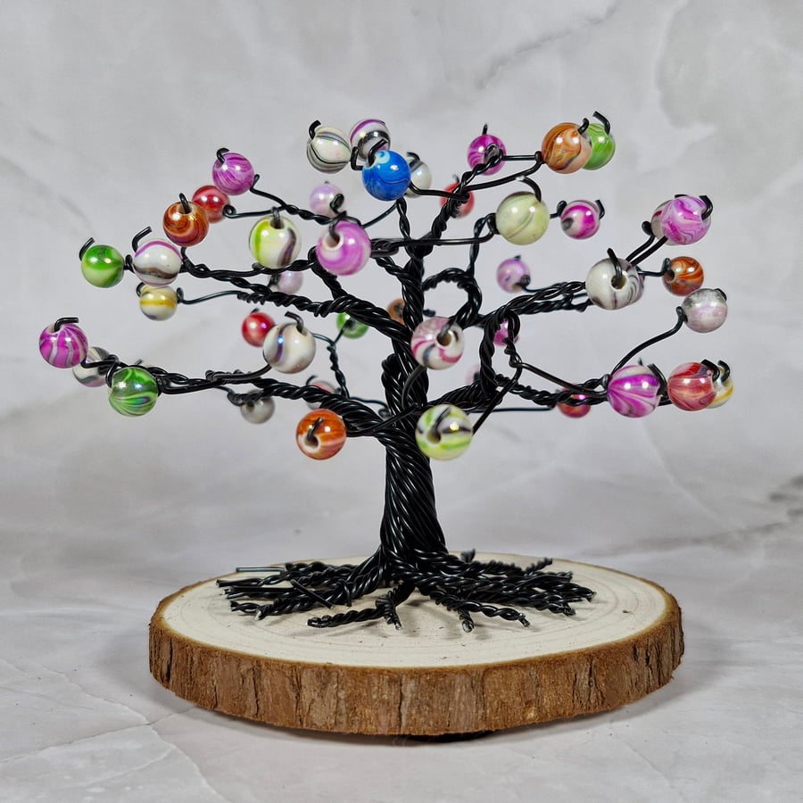 Small Wire Tree with Colourful Beads on a Wooden Base