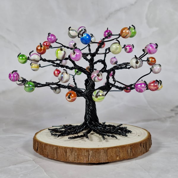 Small Wire Tree with Colourful Beads on a Wooden Base