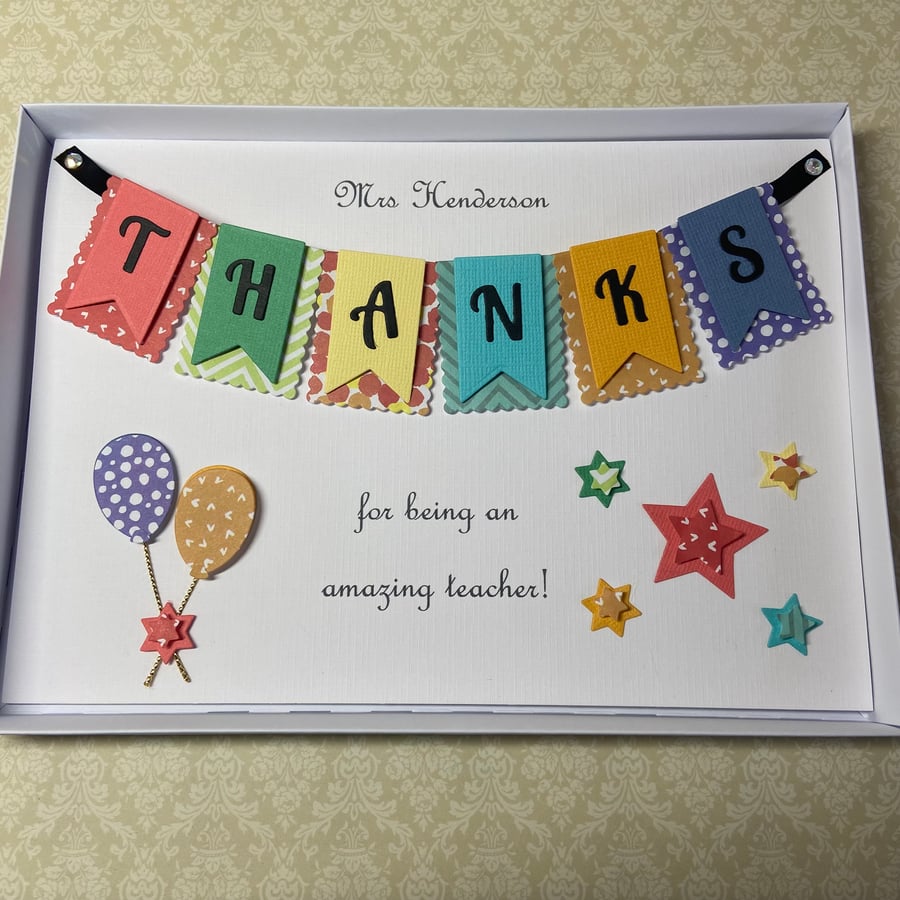 Thank You Teacher Card Personalised with Gift Box Handmade Keepsake