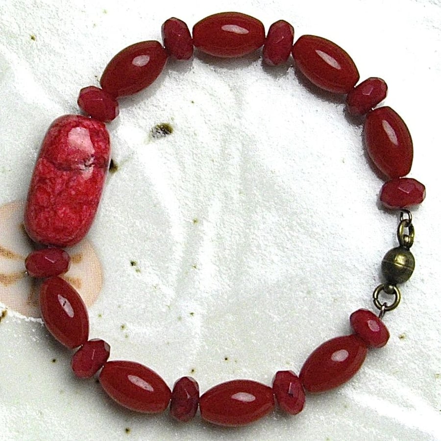 Red Turquoise and Red Jade Bead Bracelet with Magnetic Clasp.