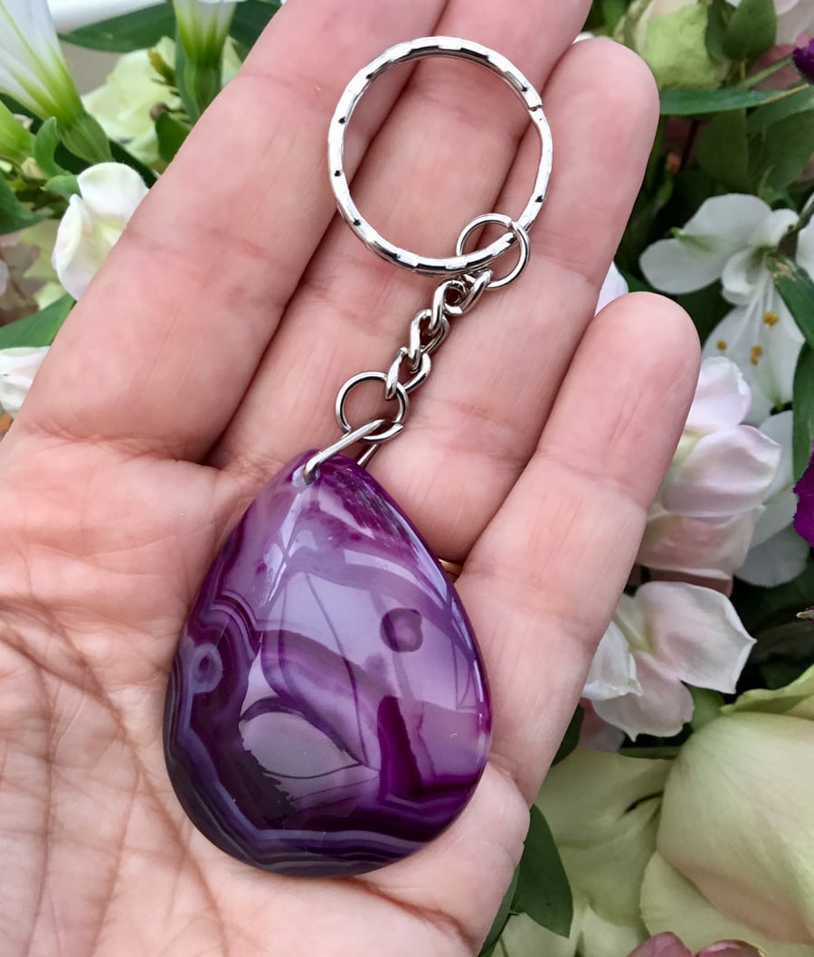 Stunning Regal Purple Agate Gemstone Keyring or Handbag Charm.