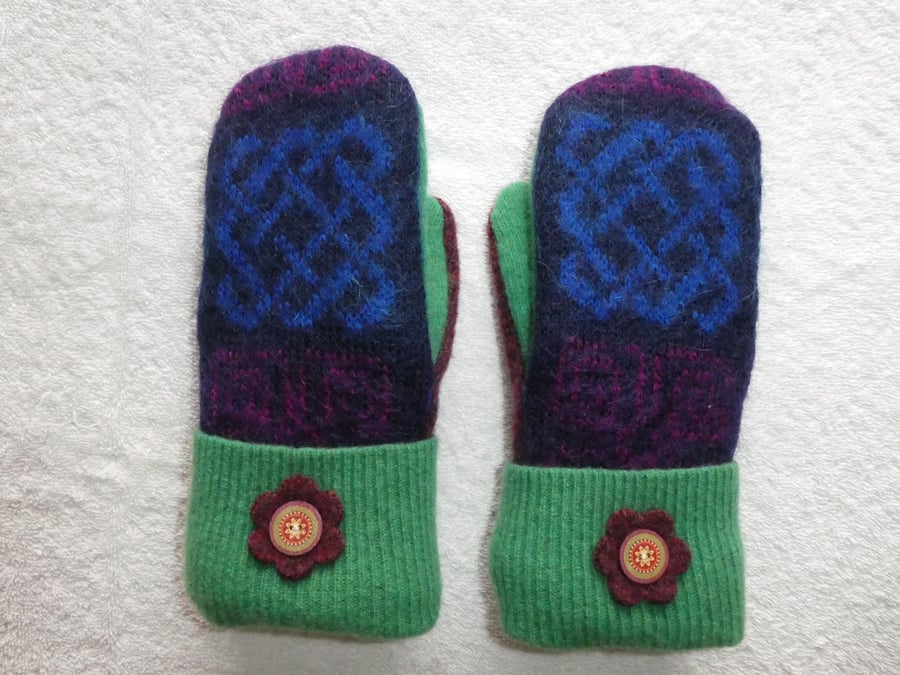 Mittens Created from Up-cycled Wool Jumpers.Fully Lined. Mohair back Green Cuff