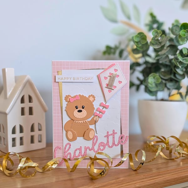 Teddy Bear and Kite Personalised Card - Welcome Baby or Baby's First Birthday